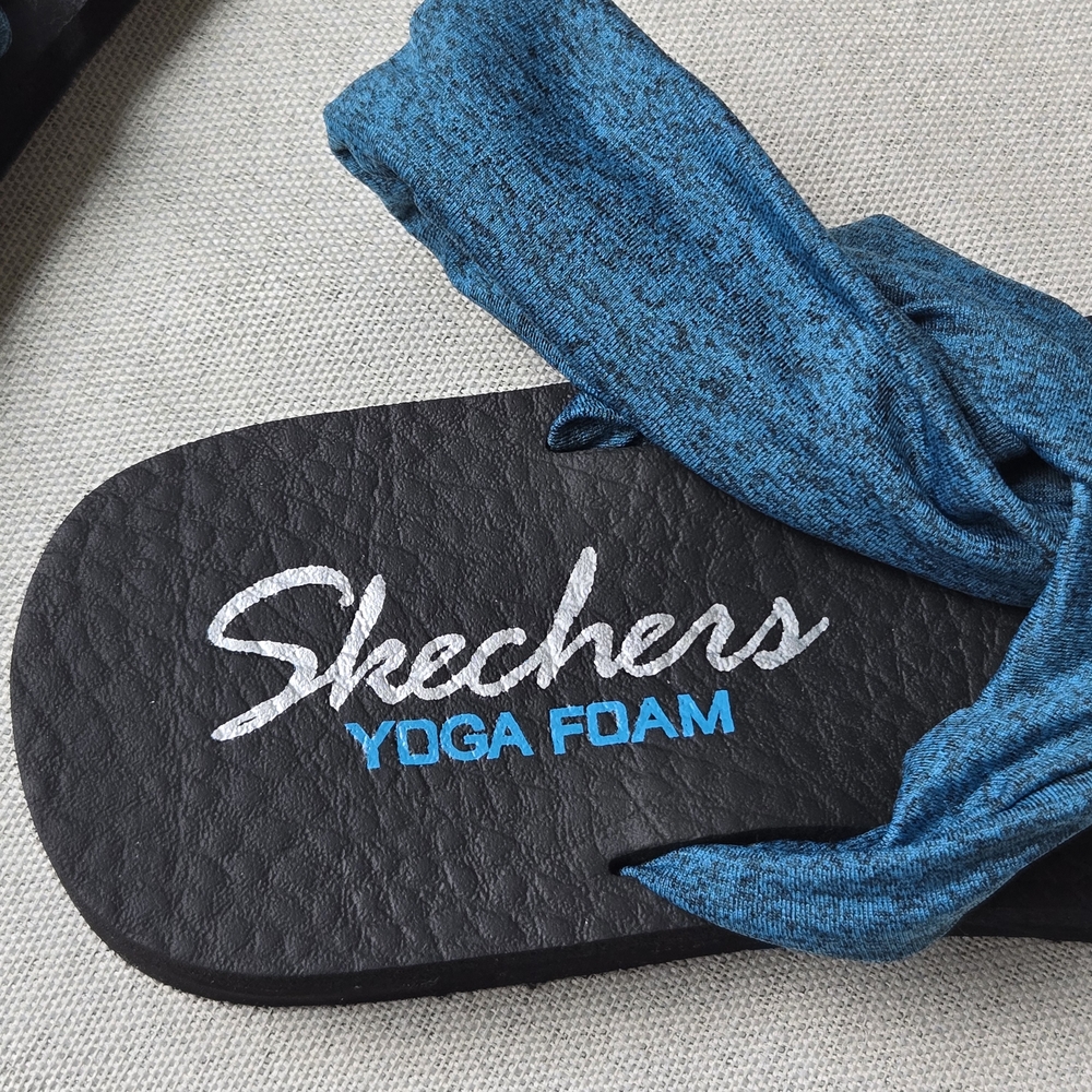 Skechers Sandals Women 11 Black Blue Fabric Yoga Foam Slingback Thong Flip Flops
